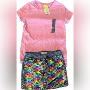 Girls Jean skirt and pink T shirt